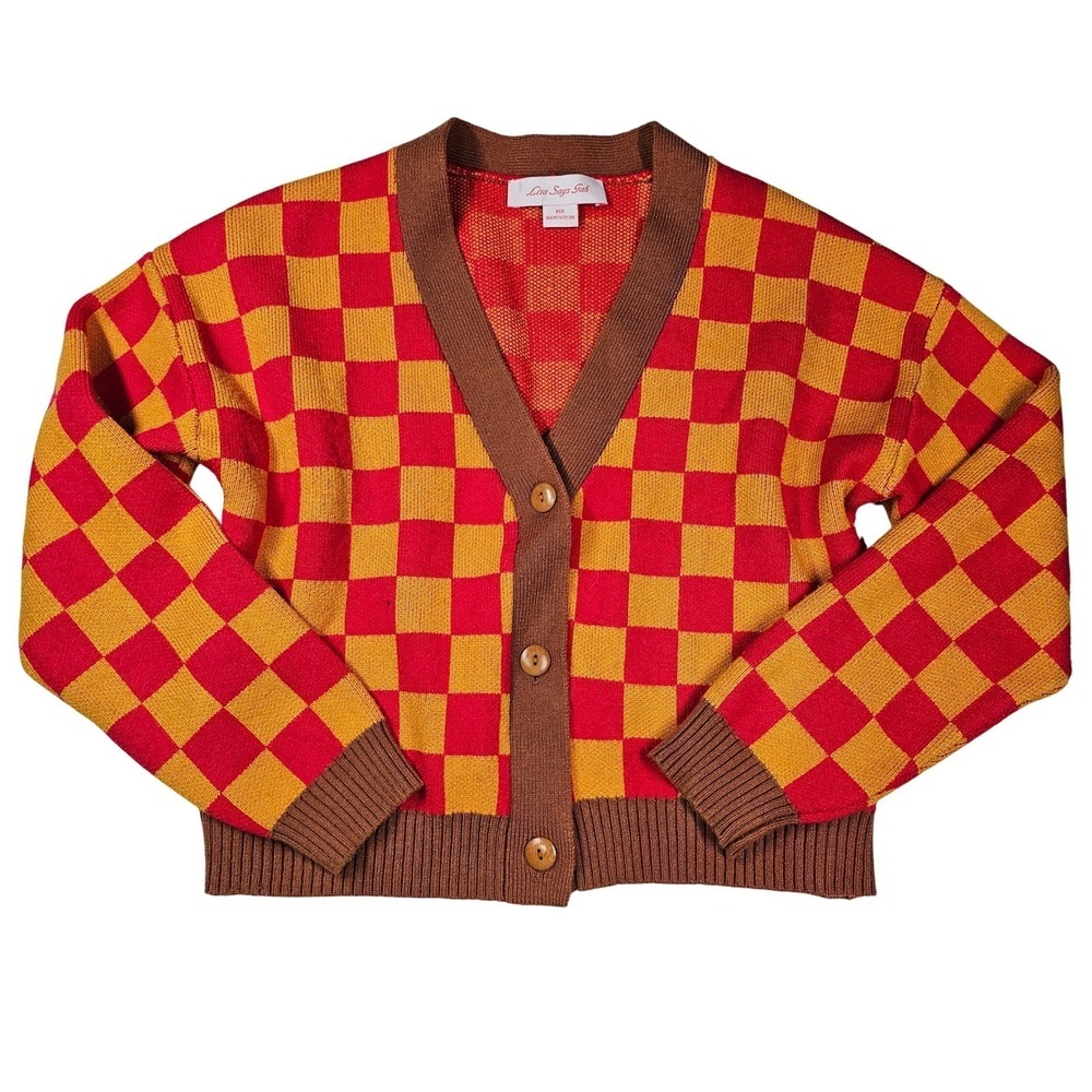 Lisa Says Gah Checkerboard Cardigan Red Orange Brown Knit Sweater XS/S